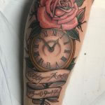 fine line pocket watch tattoo with pink rose, script and banners tattoo in romford, essex at cult classic tattoo